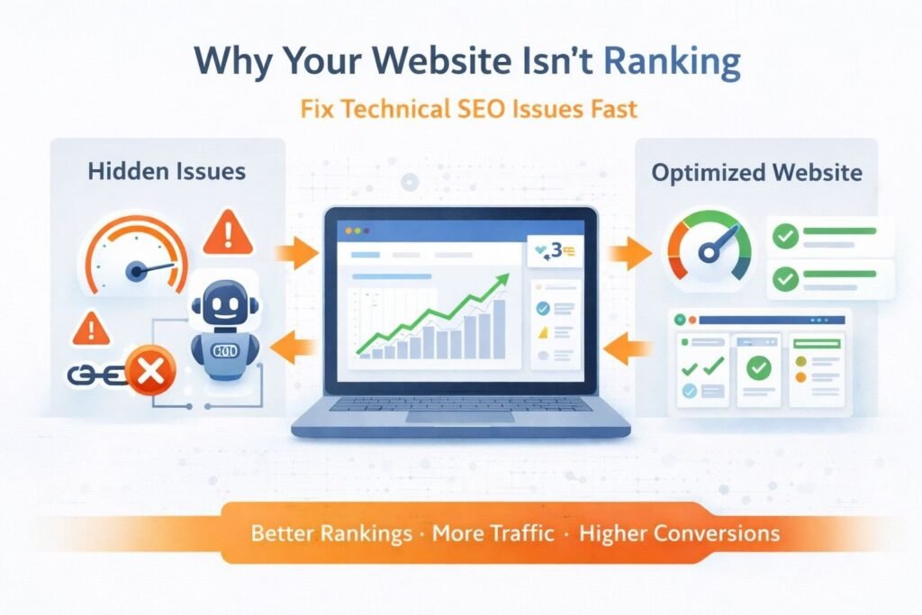 technical seo issues causing low rankings and optimized website performance improvement illustration