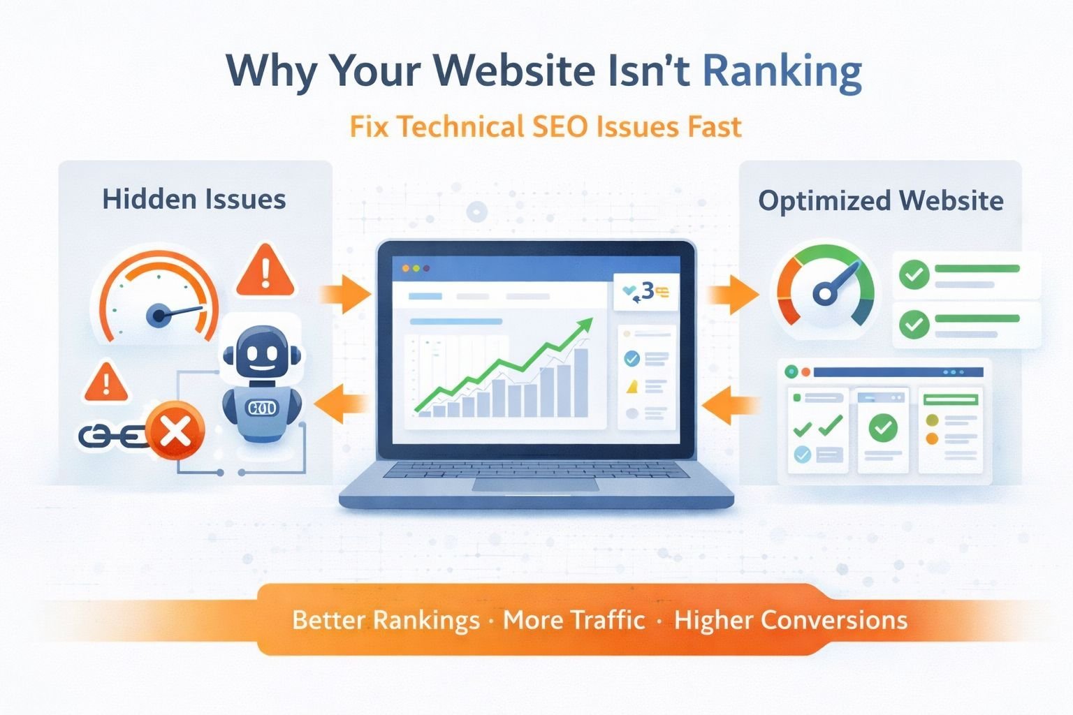 technical seo issues causing low rankings and optimized website performance improvement illustration