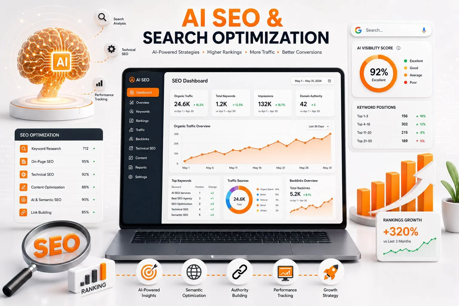 AI SEO and search engine optimization dashboard showing keyword rankings, semantic SEO analytics, technical SEO workflow, and organic traffic growth strategies