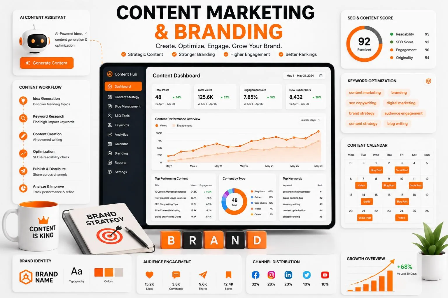 Content marketing and branding dashboard showing AI content strategy, blog analytics, audience engagement, and SEO copywriting optimization