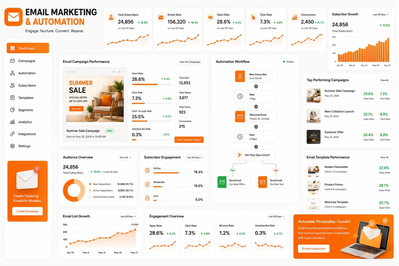 Email marketing and automation dashboard showing campaign analytics, lead nurturing workflows, subscriber growth, and conversion tracking
