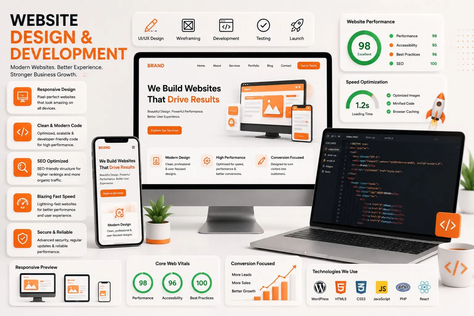 Website design and development dashboard showing responsive web design, UI UX optimization, coding interface, and website performance analytics