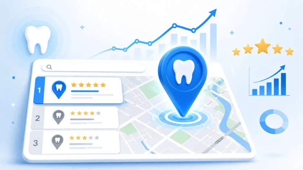 Illustration of a dental clinic ranking first on a Google Maps-style interface with a blue location pin, five-star ratings, and local SEO growth indicators.