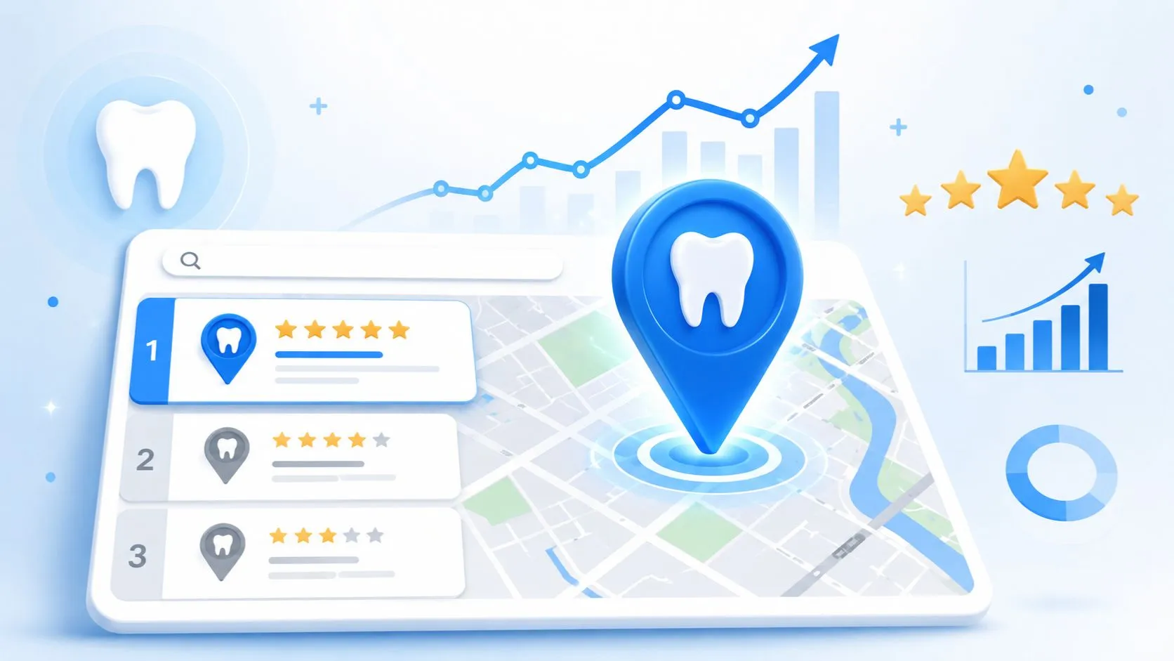 Illustration of a dental clinic ranking first on a Google Maps-style interface with a blue location pin, five-star ratings, and local SEO growth indicators.