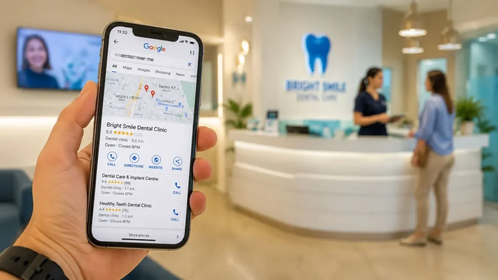Smartphone displaying a dentist near me Google search result with a dental clinic ranking first on Google Maps inside a modern dental clinic reception area.