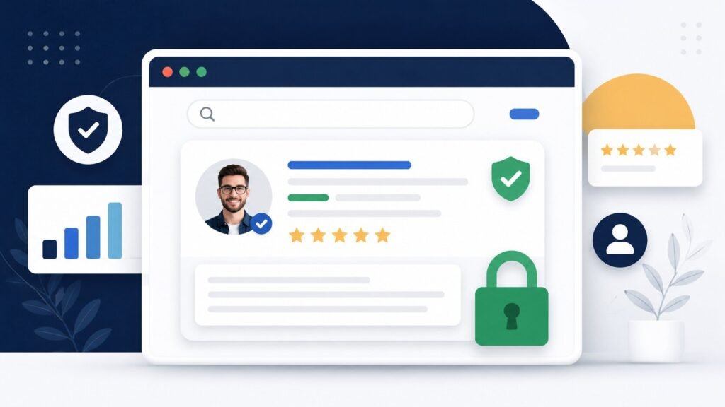 Modern flat vector illustration of a website trust dashboard featuring a verified author profile, star ratings, security padlock, and website credibility signals in a clean professional interface.
