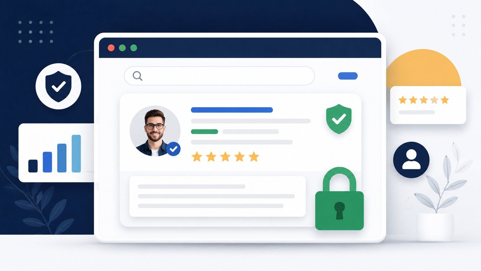 Modern flat vector illustration of a website trust dashboard featuring a verified author profile, star ratings, security padlock, and website credibility signals in a clean professional interface.