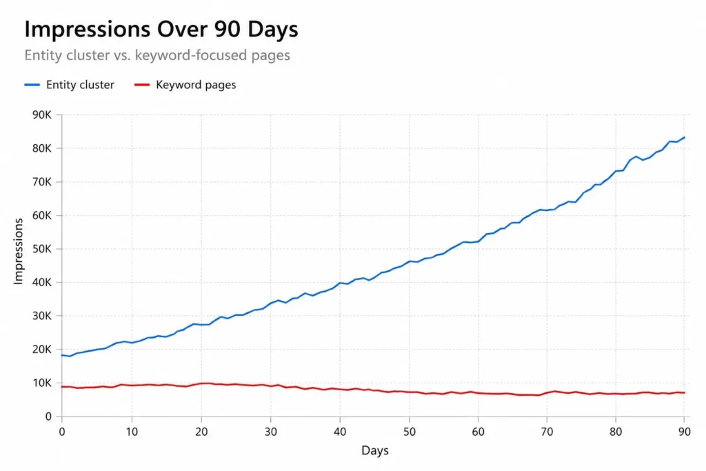Entity SEO content cluster impressions growth compared with keyword-focused pages over a 90-day period