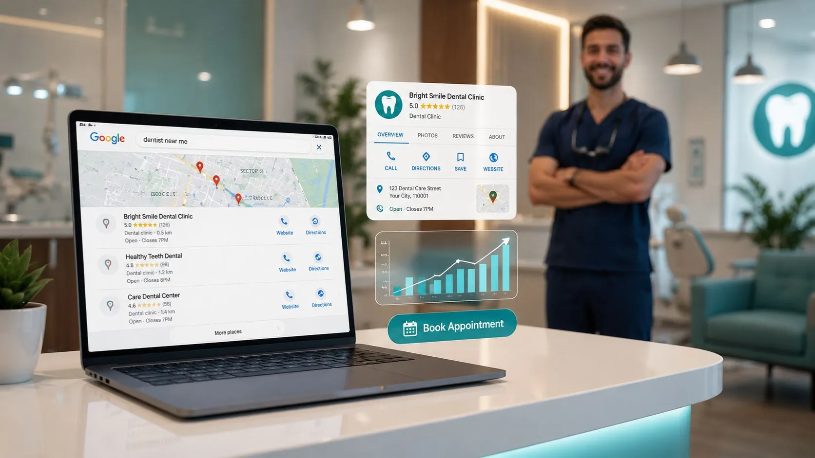 Modern dental clinic reception with a laptop displaying Google Maps local search results, five-star reviews, and Google Business Profile elements for dental SEO