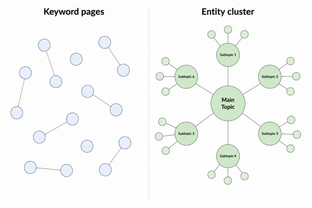 Side-by-side diagram comparing isolated keyword pages with an entity-based content cluster structure showing relationships between a central topic and supporting subtopics.