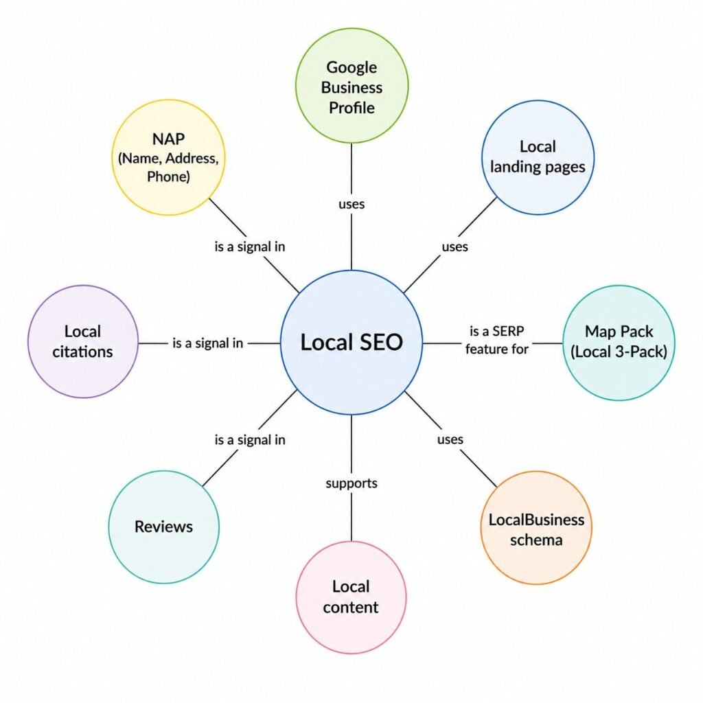 Local SEO entity relationship diagram showing connections between Local SEO, Google Business Profile, NAP information, local citations, Map Pack rankings, and LocalBusiness schema.