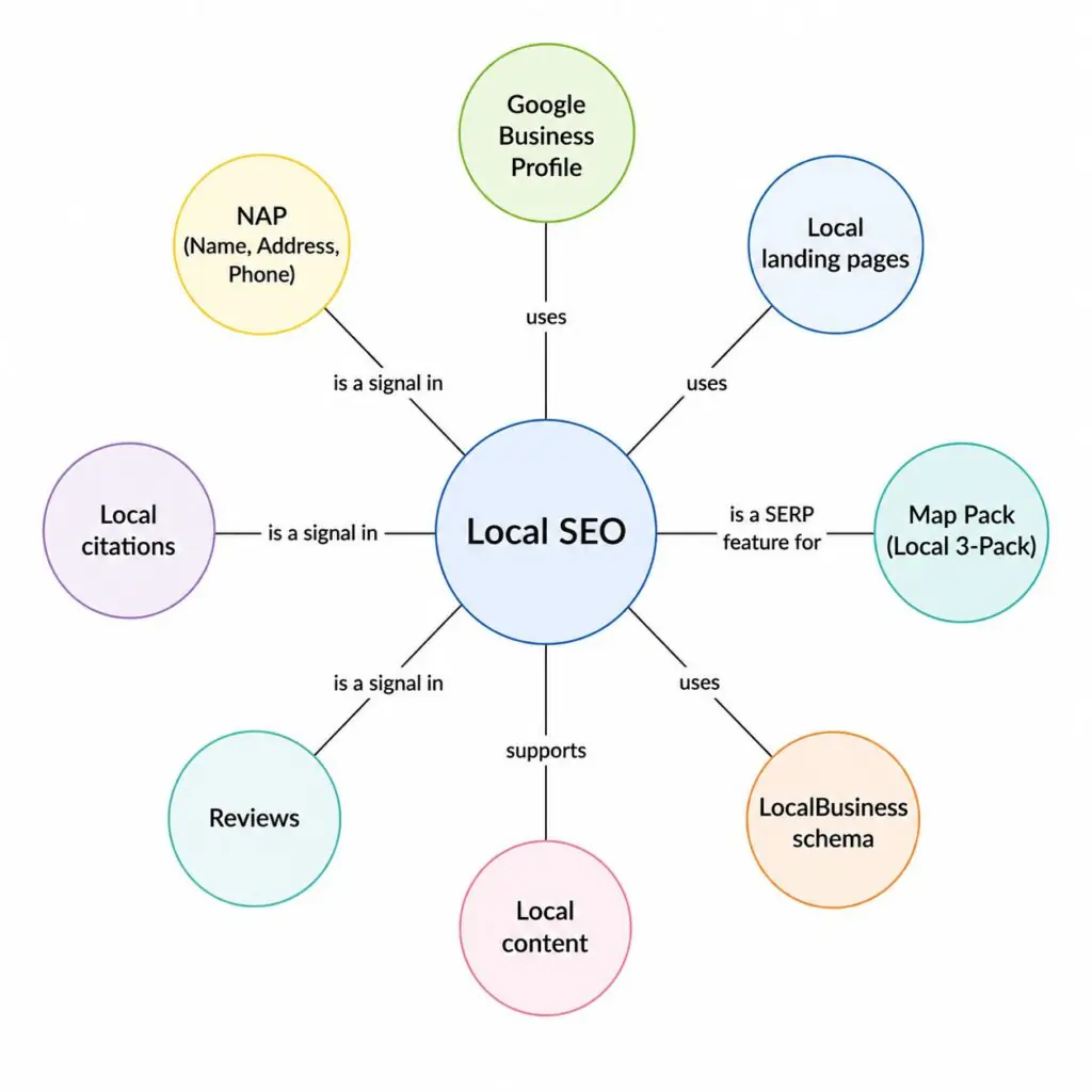 Local SEO entity relationship diagram showing connections between Local SEO, Google Business Profile, NAP information, local citations, Map Pack rankings, and LocalBusiness schema.