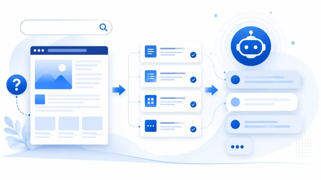 Illustration showing website content structured as answer blocks feeding into ChatGPT and Gemini AI search results