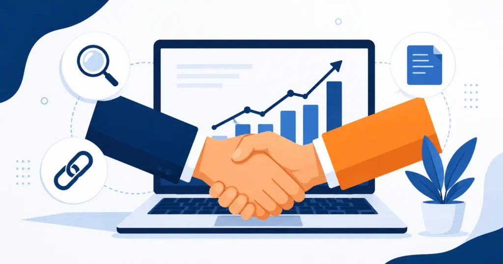 Two hands shaking over a laptop with an SEO growth chart, representing a white label SEO outsourcing partnership